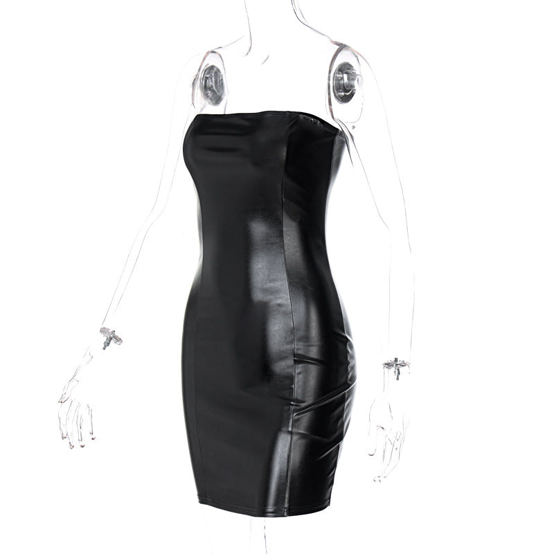 Black Pu Leather Charming Tube Mini Dress