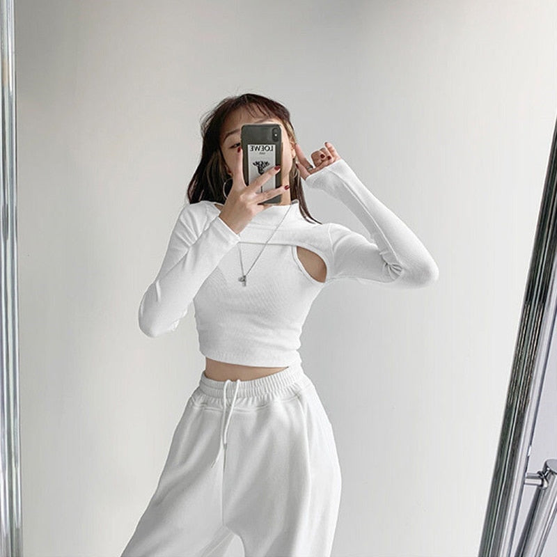 Black Fitness Two-piece White Crop T-shirt Women Knitted Long Arm Tops Tops