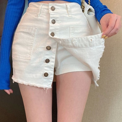 Women Shorts Waist Buttons Skirt White Arrival Skirt New Sexy Line Denim Jean High Warm-Season Mini A Single Black Or Skirts