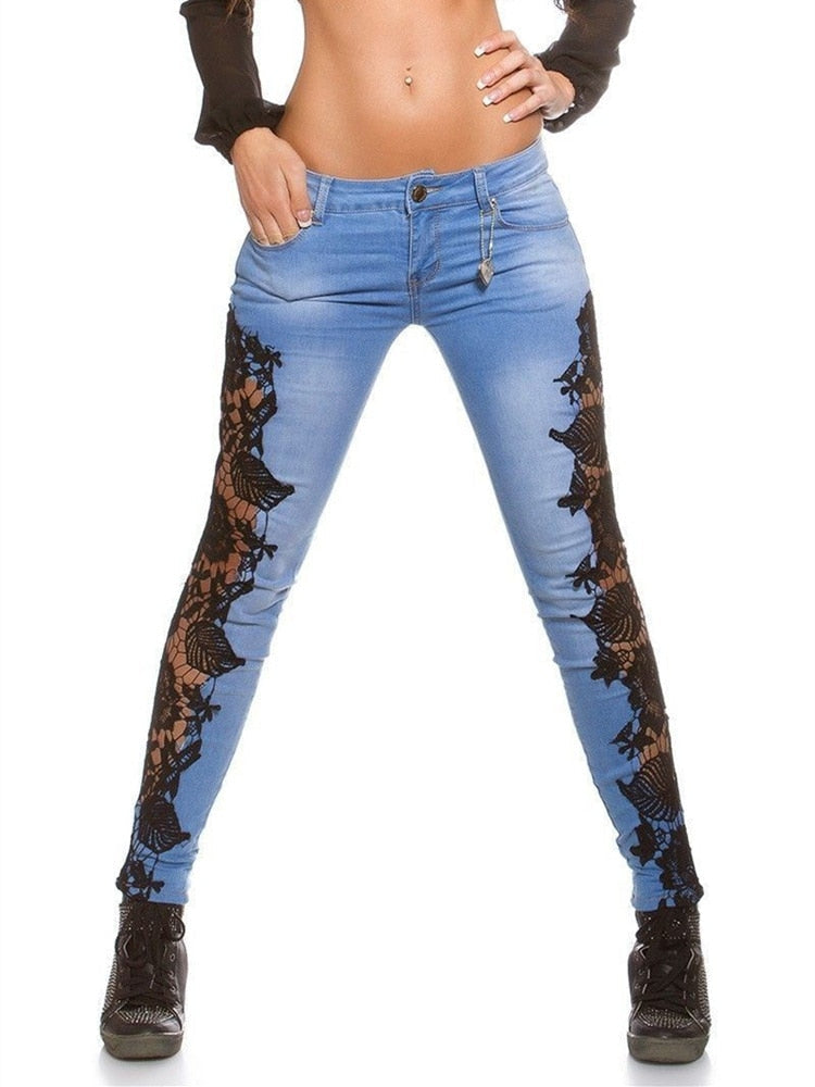 Autumn Denim Hollow-Out Flowered Elegant 3XL Crochet Women Jeans Lace Sexy Pencil