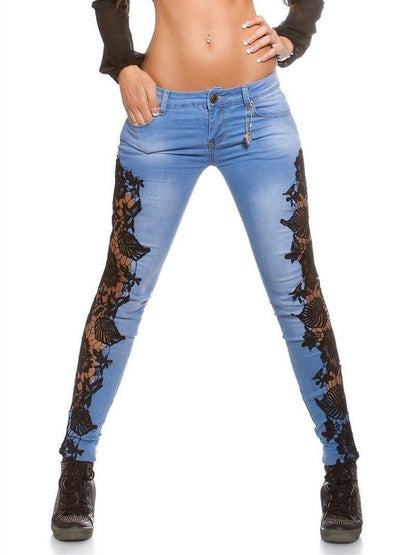 Autumn Denim Hollow-Out Flowered Elegant 3XL Crochet Women Jeans Lace Sexy Pencil