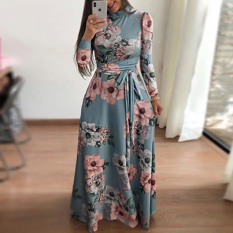 Robe Dresses Autumn Casual Full-Length Long Plus Size Flower Sashes Slim Arm Design Party Gown Spring S-5XL