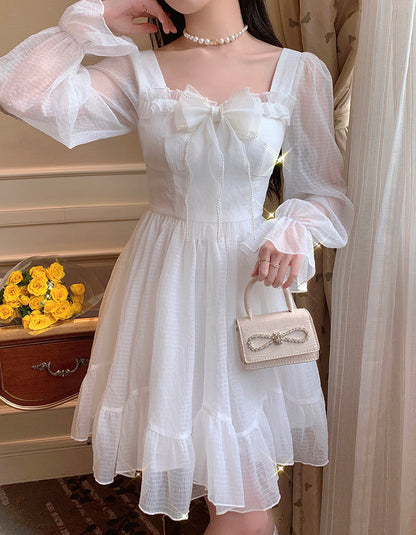 Vintage Sweet Kawaii French Elegant White Ruffle Party Dress for Women