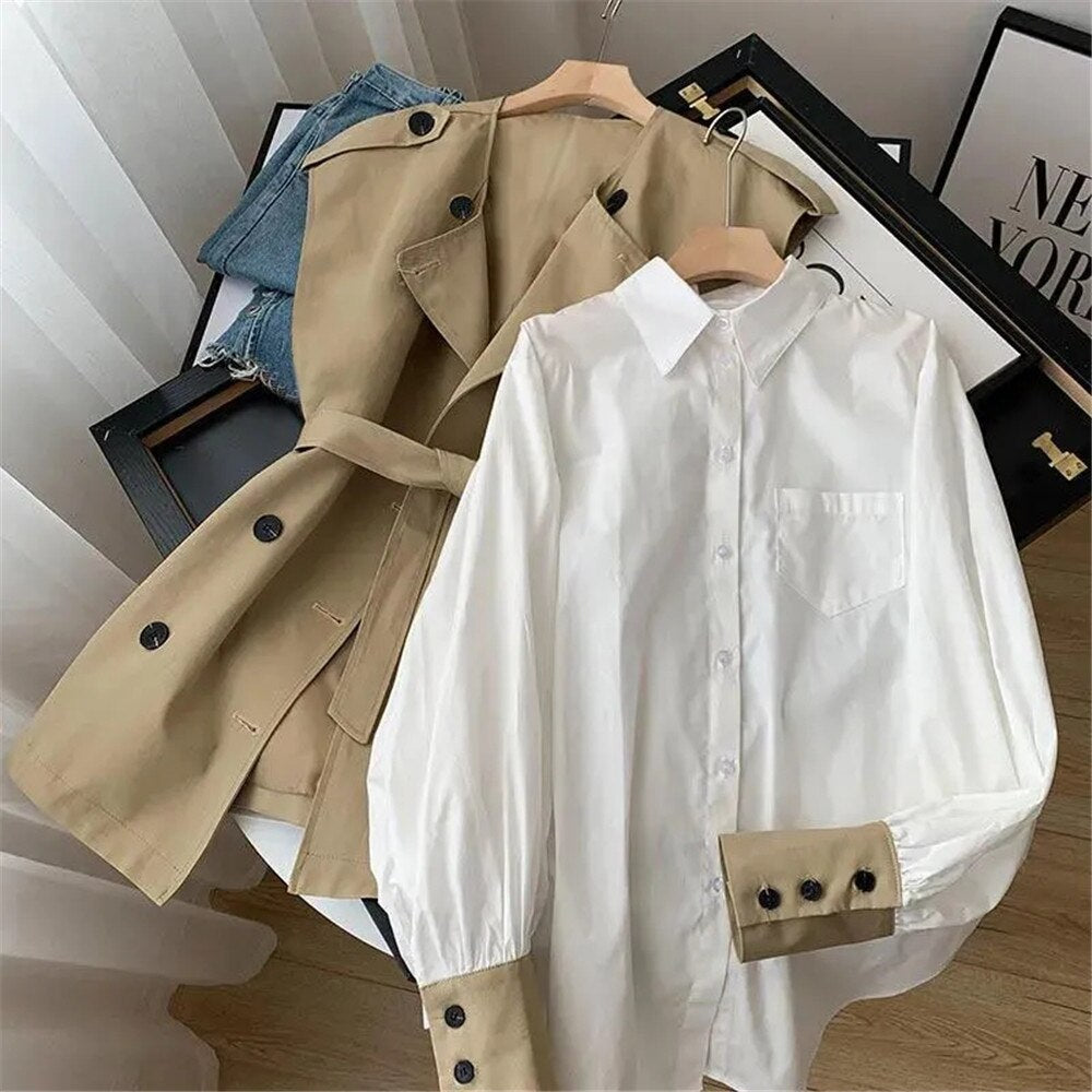 Vest White Blouse + Coat Tie Women's Trench Waist Suit