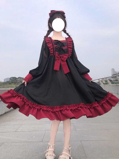 Sweet Ruffles Harajuku Lolita Gown Women Kawaii Gothic Cosplay Splice Party Bandage Bow Dress