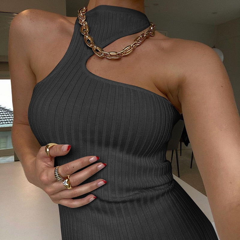 Ribbed One Shoulder High Graceful Neck Slit Midi Dress