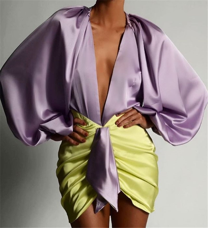 Sexy Deep V-neck Satin Two Piece Set