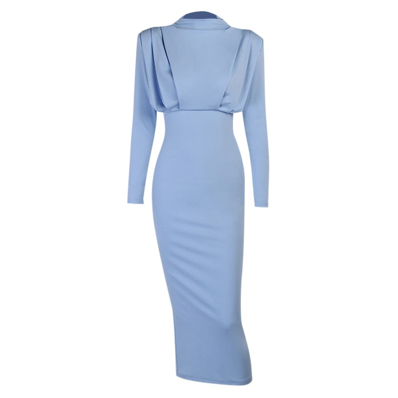 Autumn Stand Slim Party Waist Blue Arm Long Women's Neckline InstaHot Ankle Solid Elegant Length Dress