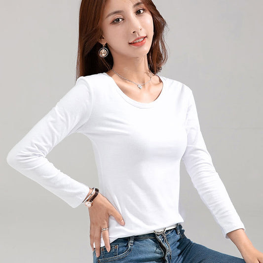 Pure Fashion Brand Slim Long-sleeved Cotton Women's New White T-shirt Tops