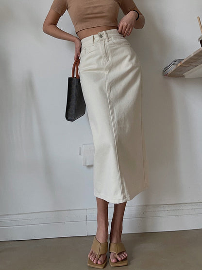 Vintage High Solid Waist Midi Split Denim Warm-Season Women Skirt Elegant White