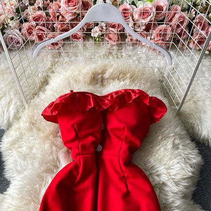 Women Sexy Female Dresses Patchwork Bodycon Strapless Gown Red Mesh Party Dinner Slim Strap Warm-Season Long Spaghetti Dress