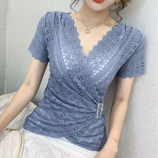 Blouse Lace Hollow Tops Size Blouse Out Plus Sexy Warm-Season V-Neck 5XL Women Arm Brief Blusas