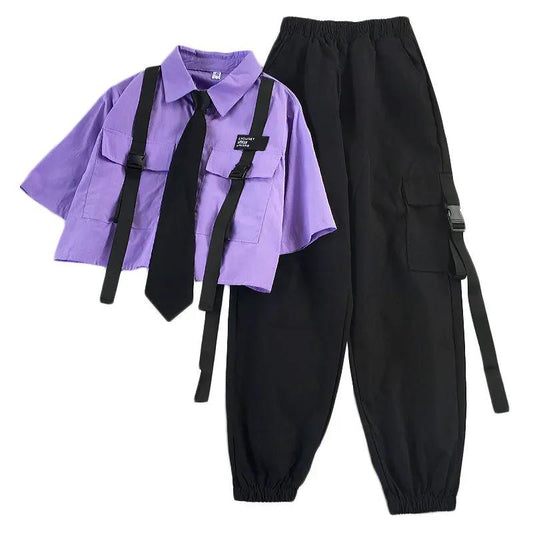 Short-Sleeved Tie Fashion Womens Spring High-Waist Streetwear Loose Blouse Pants Ribbon Autumn Straight with Cargo Set