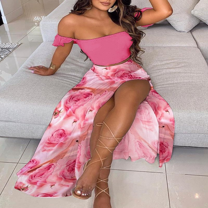 Women's Slash and - Long Warm-Season Top Slit Piece Spring with Shoulder Neck Set Two Off Flowered Party Gown Design Skirts