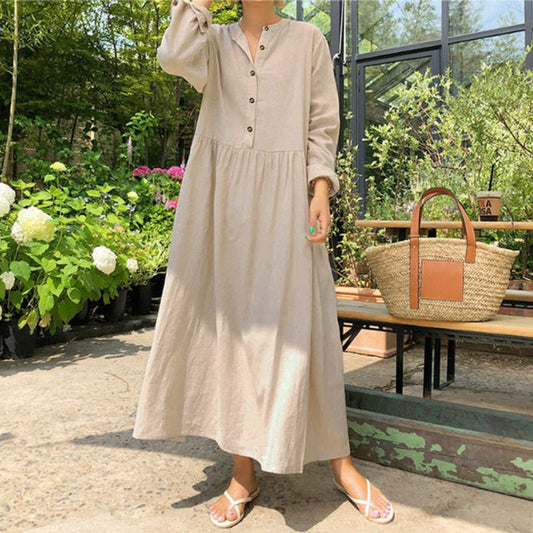 Blouse Lady Long Autumn Pockets Work Solid Vestidos Office Women Robe Casual Party Gown with Full-Length Cotton Femme