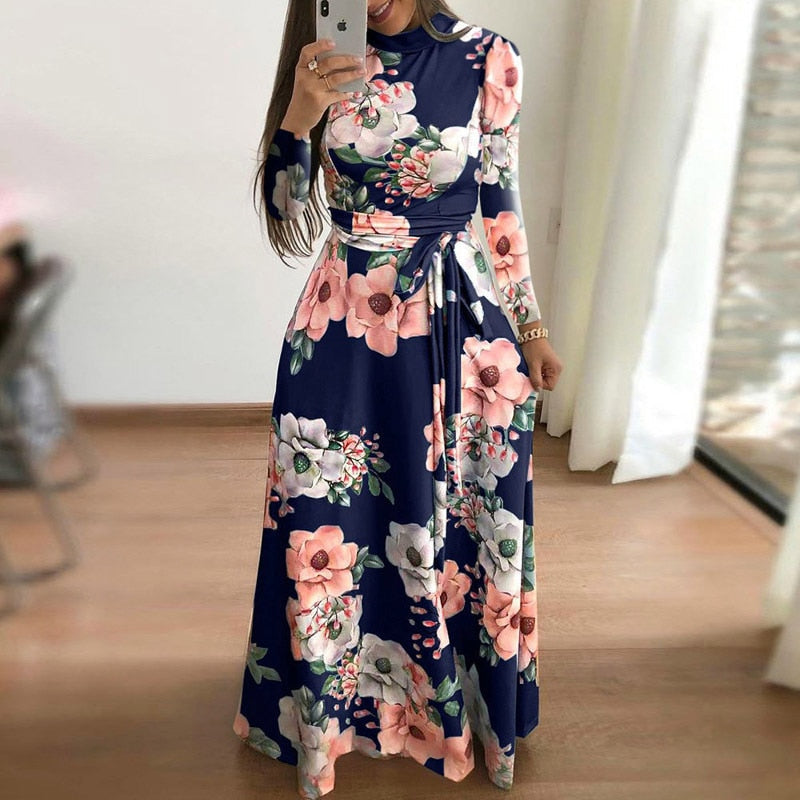 Robe Dresses Autumn Casual Full-Length Long Plus Size Flower Sashes Slim Arm Design Party Gown Spring S-5XL