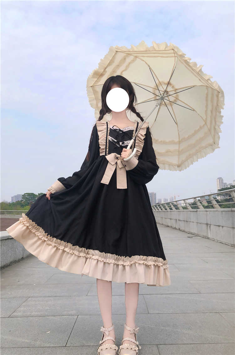 Sweet Ruffles Harajuku Lolita Gown Women Kawaii Gothic Cosplay Splice Party Bandage Bow Dress