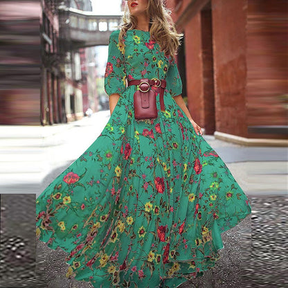 Vintage Warm-Season Printing Gown Flowered Long Fashion Elegant Three Party Quarter O-Neck Arm Streetwear