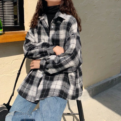 Turn-down Style Spring - Women's Plaid Outwear Loose 4 Neckline Blouse Harajuku with Fit Batwing-sleeve - - Colors