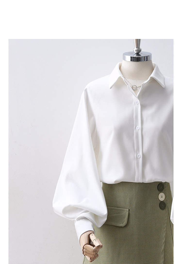 Blouse Lantern Women's Blouse White Sleeves Button Up with Vintage Black