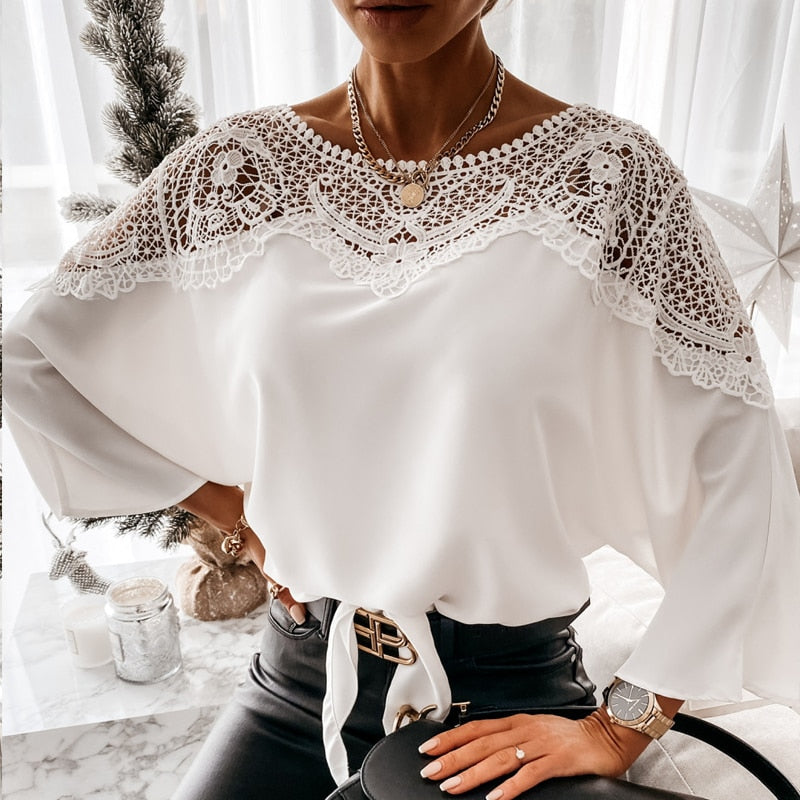 Blouse Embroidery Vintage Lace Elegant Top Women Blouse Crochet Autumn White Blusa Ladies 12459