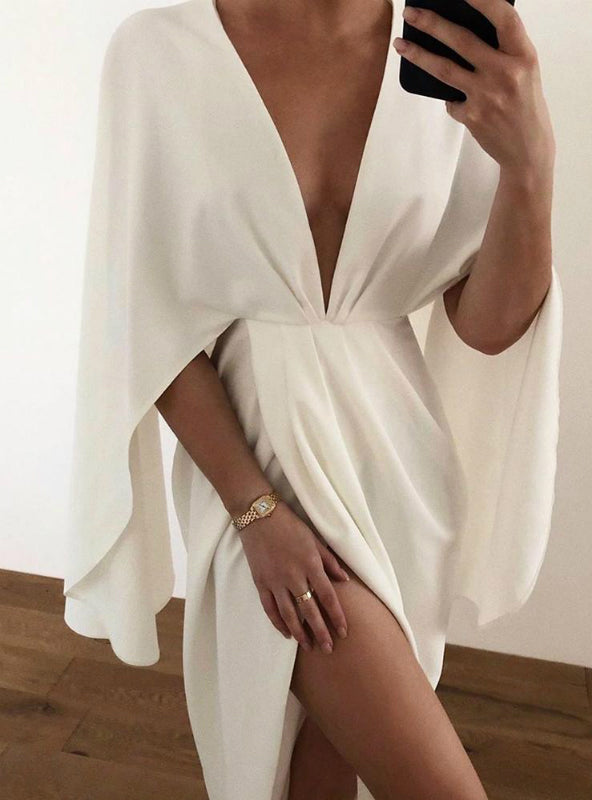 White Ruched Detail Slit Cape Sleeve Dress