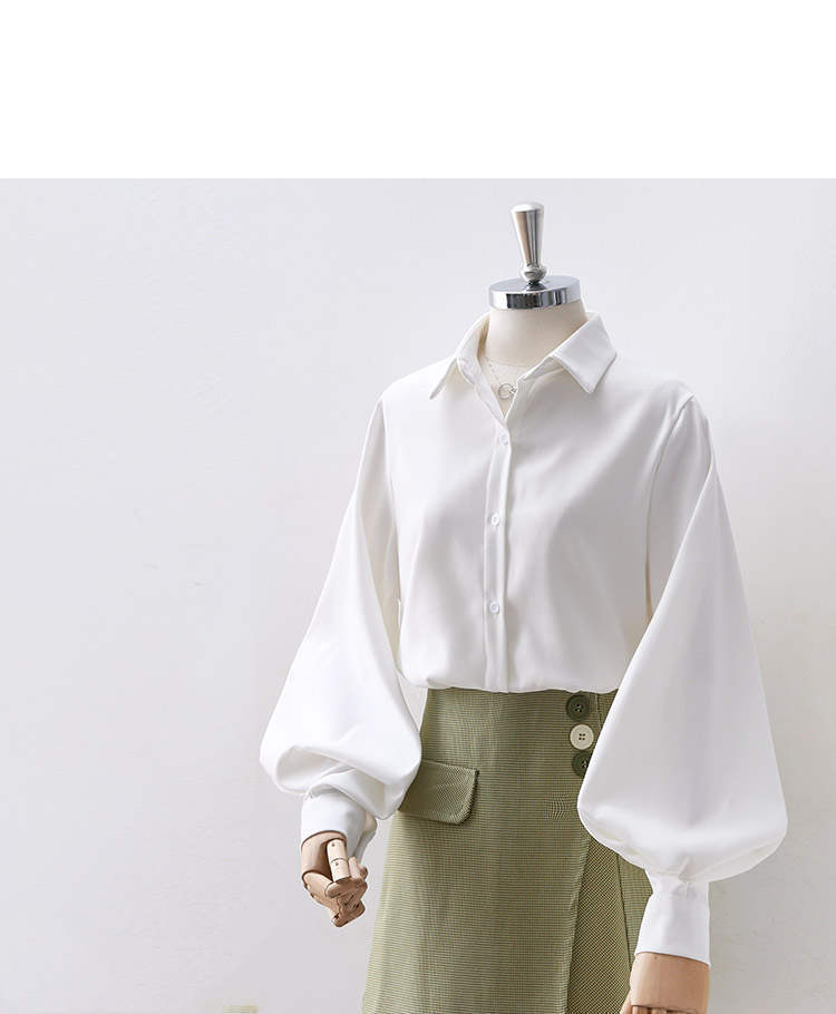 Blouse Lantern Women's Blouse White Sleeves Button Up with Vintage Black