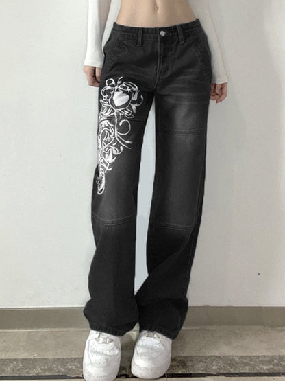 Wide Leg Oversize Y2K Patterned Baggy Winter Cargo Casual Jeans Low Autumn Waist Women's Trousers