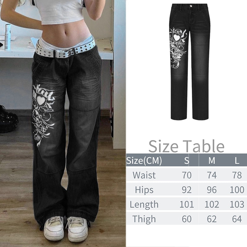 Wide Leg Oversize Y2K Patterned Baggy Winter Cargo Casual Jeans Low Autumn Waist Women's Trousers