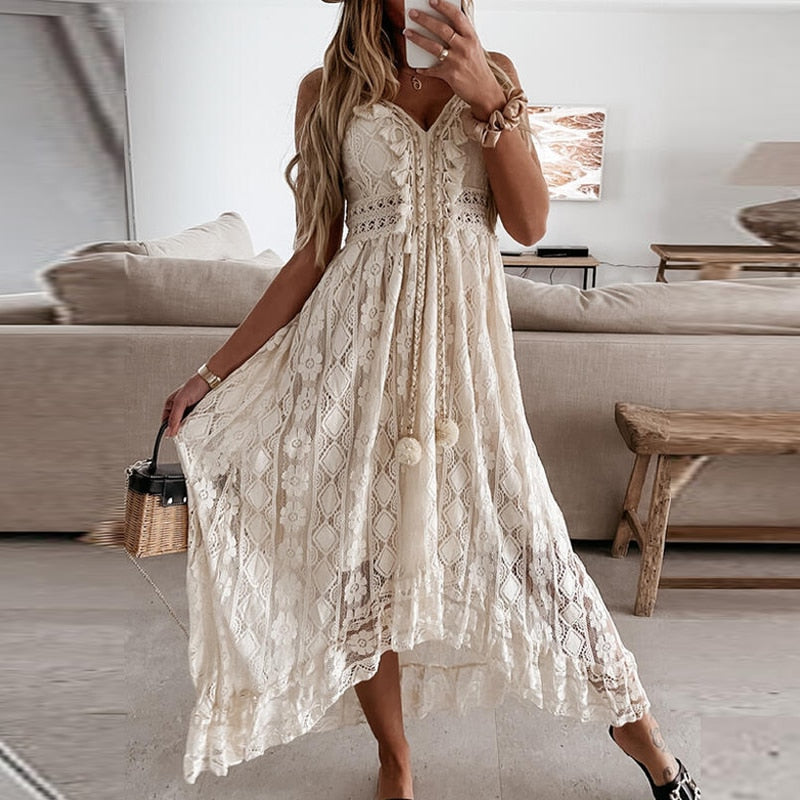 Off Neck Crochet Gown V Shoulder Sleeveless Warm-Season Long Gown Party Tassel Women's - with Elegant Lace