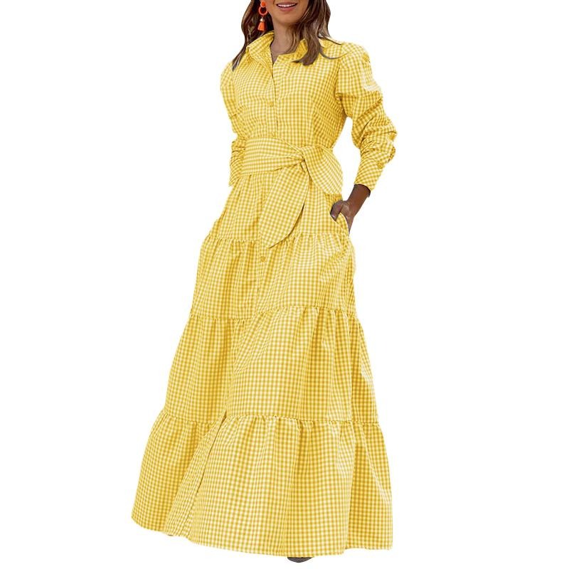 Sundress Plaid Blouse Women Vintage Spring Casual Pockets Patterned Belted Lapel Party Gown Button Dresses Arm Long Robes