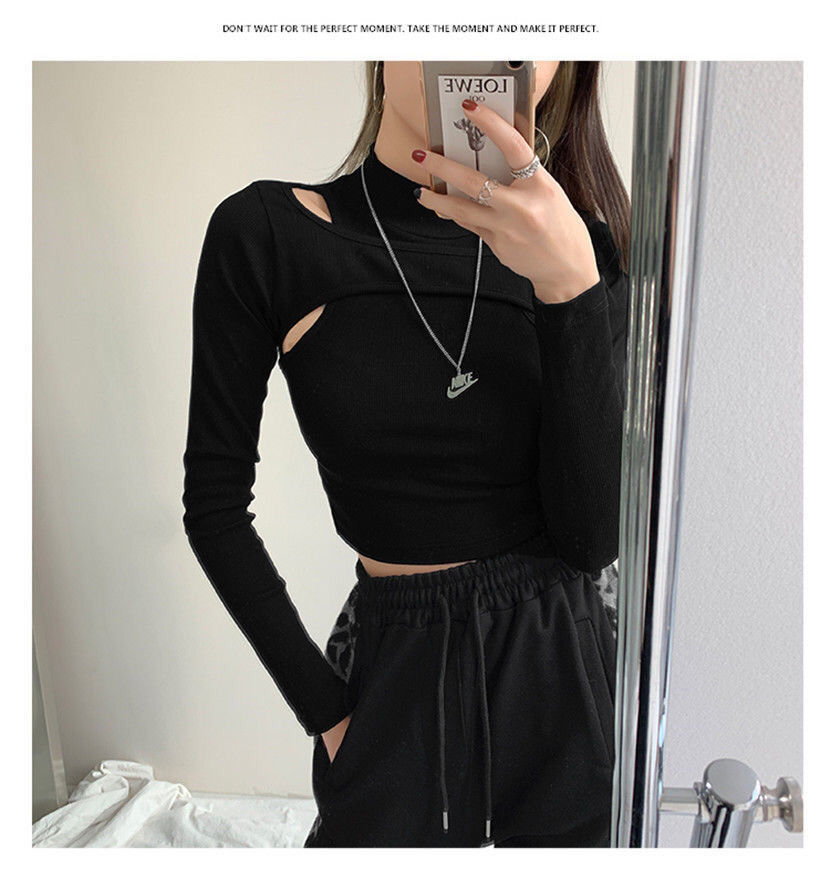 Women Crop Two-piece Knitted White Tops Fitness T-shirt Black Arm Long Tops