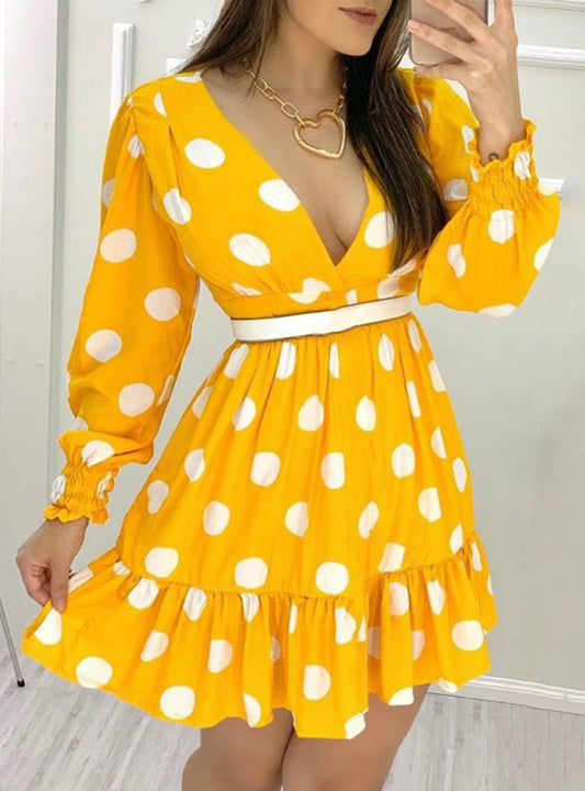 Yellow Polka Dot Casual Dress with Plunge Neckline and Ruched Ruffles