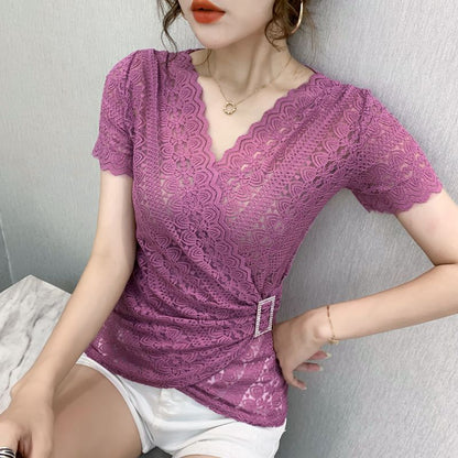 Blouse Lace Hollow Tops Size Blouse Out Plus Sexy Warm-Season V-Neck 5XL Women Arm Brief Blusas