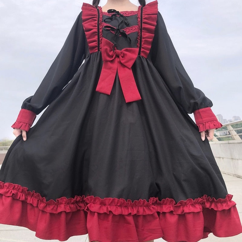 Sweet Ruffles Harajuku Lolita Gown Women Kawaii Gothic Cosplay Splice Party Bandage Bow Dress