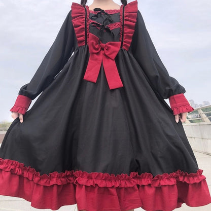 Sweet Ruffles Harajuku Lolita Gown Women Kawaii Gothic Cosplay Splice Party Bandage Bow Dress