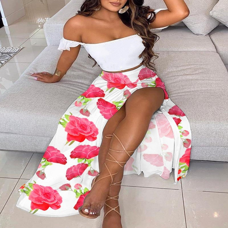 Women's Slash and - Long Warm-Season Top Slit Piece Spring with Shoulder Neck Set Two Off Flowered Party Gown Design Skirts