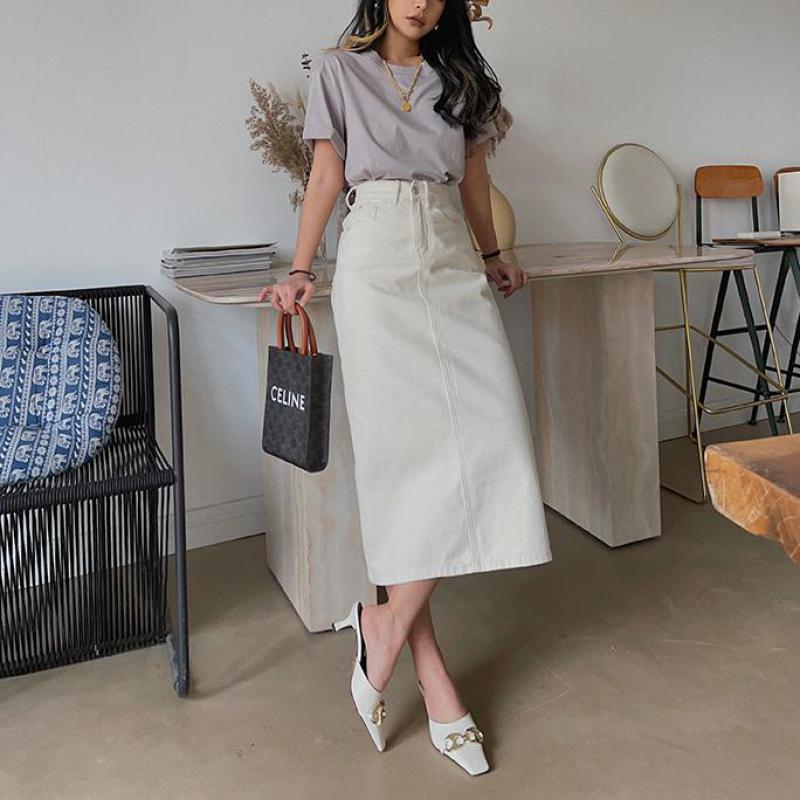 Vintage High Solid Waist Midi Split Denim Warm-Season Women Skirt Elegant White