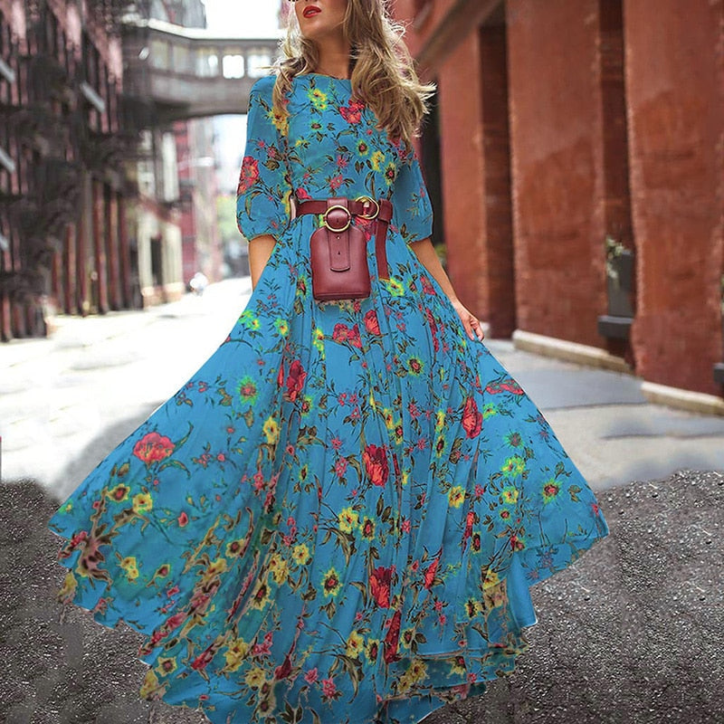 Vintage Warm-Season Printing Gown Flowered Long Fashion Elegant Three Party Quarter O-Neck Arm Streetwear