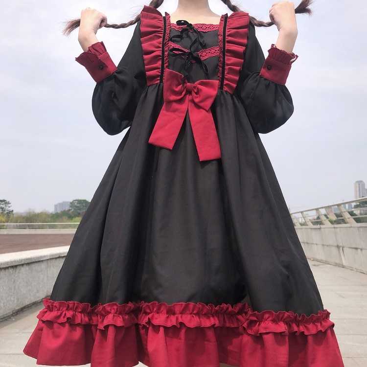 Sweet Ruffles Harajuku Lolita Gown Women Kawaii Gothic Cosplay Splice Party Bandage Bow Dress