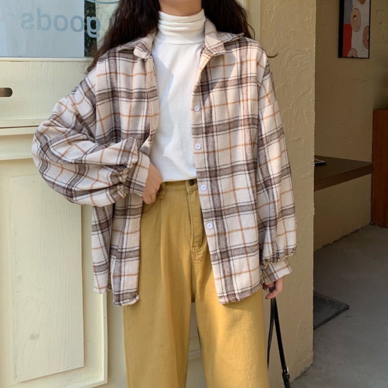 Turn-down Style Spring - Women's Plaid Outwear Loose 4 Neckline Blouse Harajuku with Fit Batwing-sleeve - - Colors