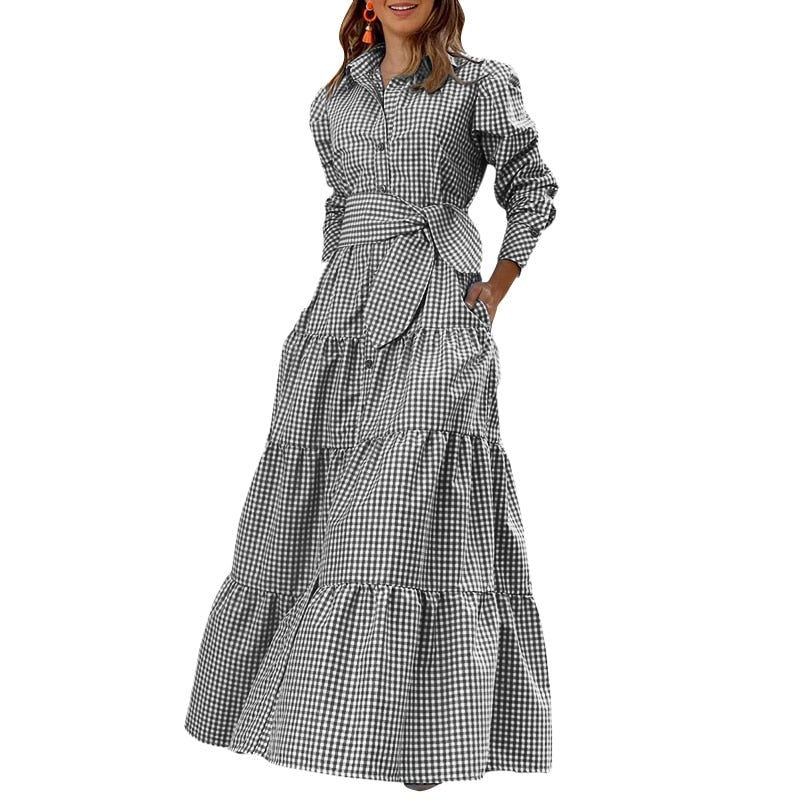 Sundress Plaid Blouse Women Vintage Spring Casual Pockets Patterned Belted Lapel Party Gown Button Dresses Arm Long Robes