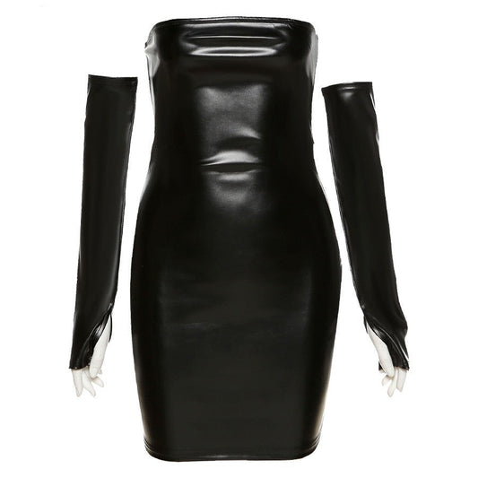 Skinny Clubwear Gloves Solid Gown Leather Bodycon Fashion PU Faux Sexy Hot Slim Mini Backless Women Party Dresses