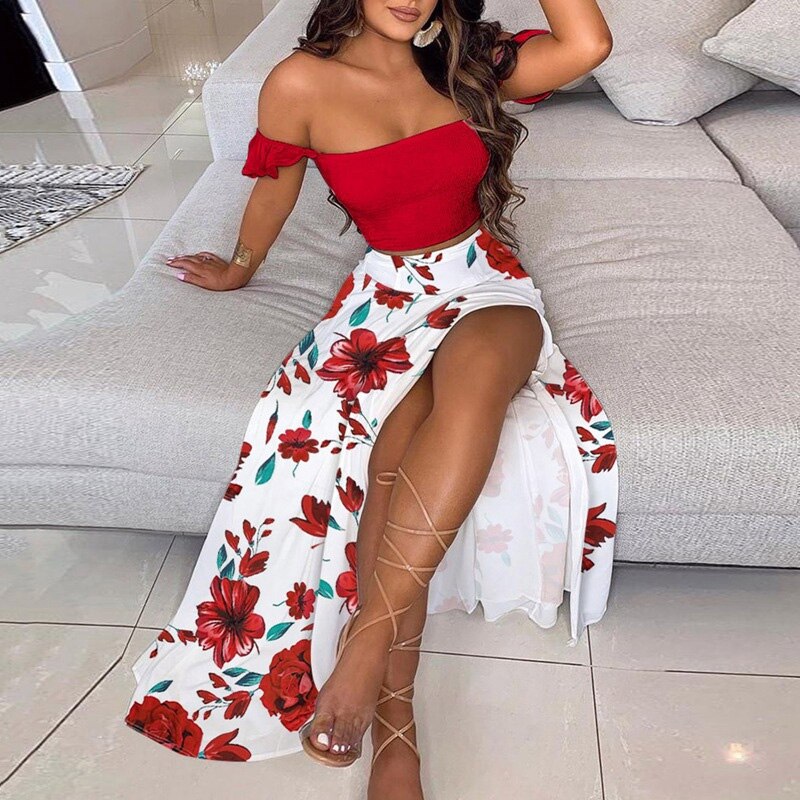 Women's Slash and - Long Warm-Season Top Slit Piece Spring with Shoulder Neck Set Two Off Flowered Party Gown Design Skirts