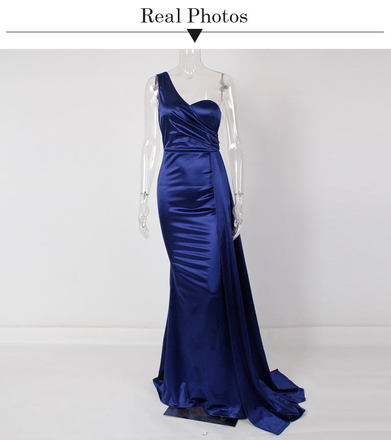 Women's Blue Evening Green Gown Full-Length Party Royal with Sexy Gown Satin Long Ribbon Draped Dress