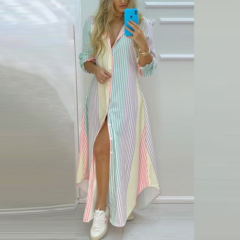 Stripe Button Single Breasted - Gown with Coastal Long Party Design Spring/Summer Colorful Full-Length Dress