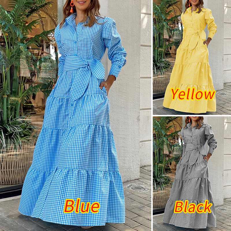 Sundress Plaid Blouse Women Vintage Spring Casual Pockets Patterned Belted Lapel Party Gown Button Dresses Arm Long Robes