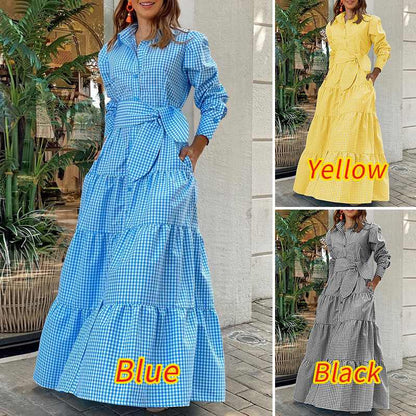 Sundress Plaid Blouse Women Vintage Spring Casual Pockets Patterned Belted Lapel Party Gown Button Dresses Arm Long Robes