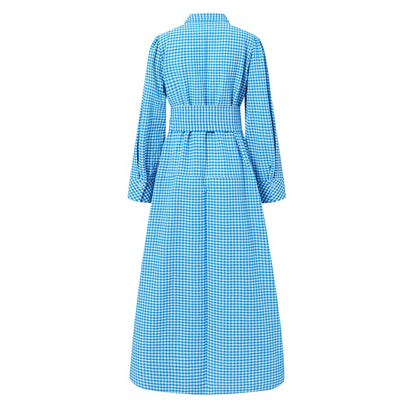 Sundress Plaid Blouse Women Vintage Spring Casual Pockets Patterned Belted Lapel Party Gown Button Dresses Arm Long Robes