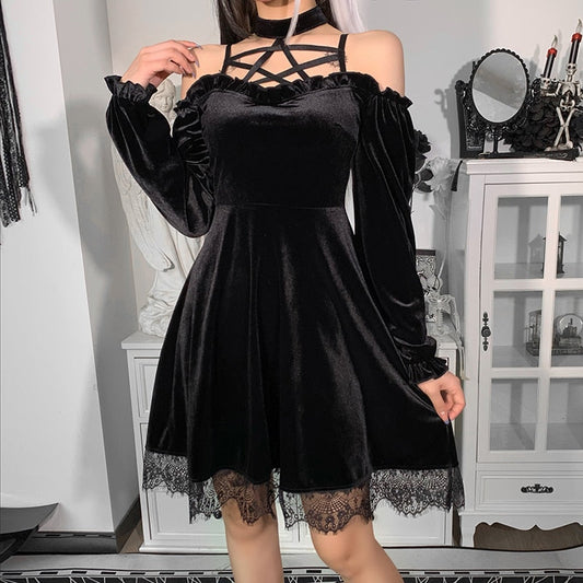 Off Sexy Pentagram Gothic Aesthetic High Shoulder Bandage Punk Black Gown for Dresses InsGoth Halter Party Gown Waist Mini Women